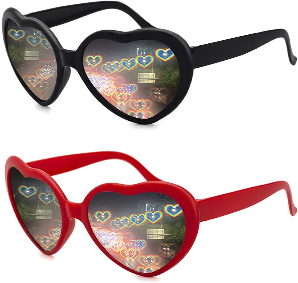 2 Pack cu forme de inimă Ochelari de difracție pentru femei, Ochelari de soare efect cardiac sunt perfecte pentru accesorii de Ziua Îndrăgostiților, Partidul Rave, Petrecere de nunta, Seara muzicală, Spectacole de artificii.