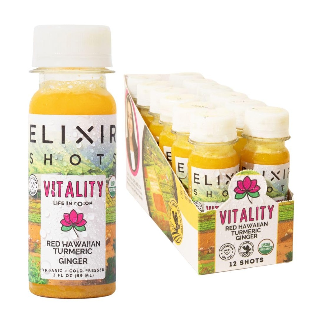 Elixir Shots, Vitality Imunity Wellness Shot cu 100% ingrediente organice, Red Hawaiian presat la rece Turmeric, peruvian ghimbir, Ananas și Black Pepper, fără zahăr sau aditivi artificiali, 12 Pack