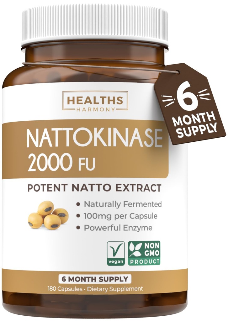 Sănătate Harmony Nattokinaza 2000 FU (non-GMO) Puternic Nattokinaza Supliment făcut din soia fermentată natural - (6 lună de aprovizionare) 180 Vegan Natto capsule