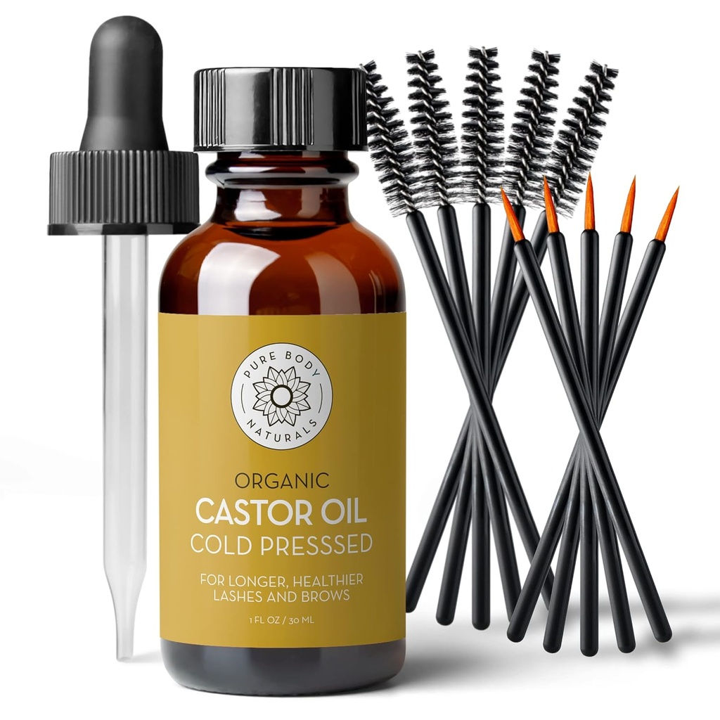 Pure Naturals Body Ulei de Castor pentru gene și sprâncene - 1 Fl Oz Nourishing Braw & Lash Crowth Ser - Organic, Hepane Free, Rece Presat, Nerafinat - Serul de creștere a genelor și a sprâncenelor pentru femei