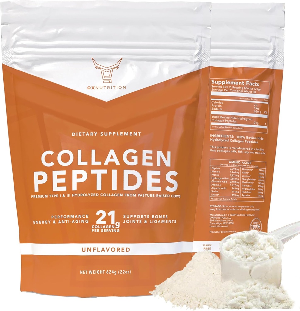 OX Colagen Pulbere pentru femei (22oz) Tip I & III Flavorless & Odorless Easy-Mix Hidrolizate Peptan Proteine Peptide Junic Piele de păr & Suport unghii Gluten-GMO gratuit Keto Paleo Grass-Fed Kosher