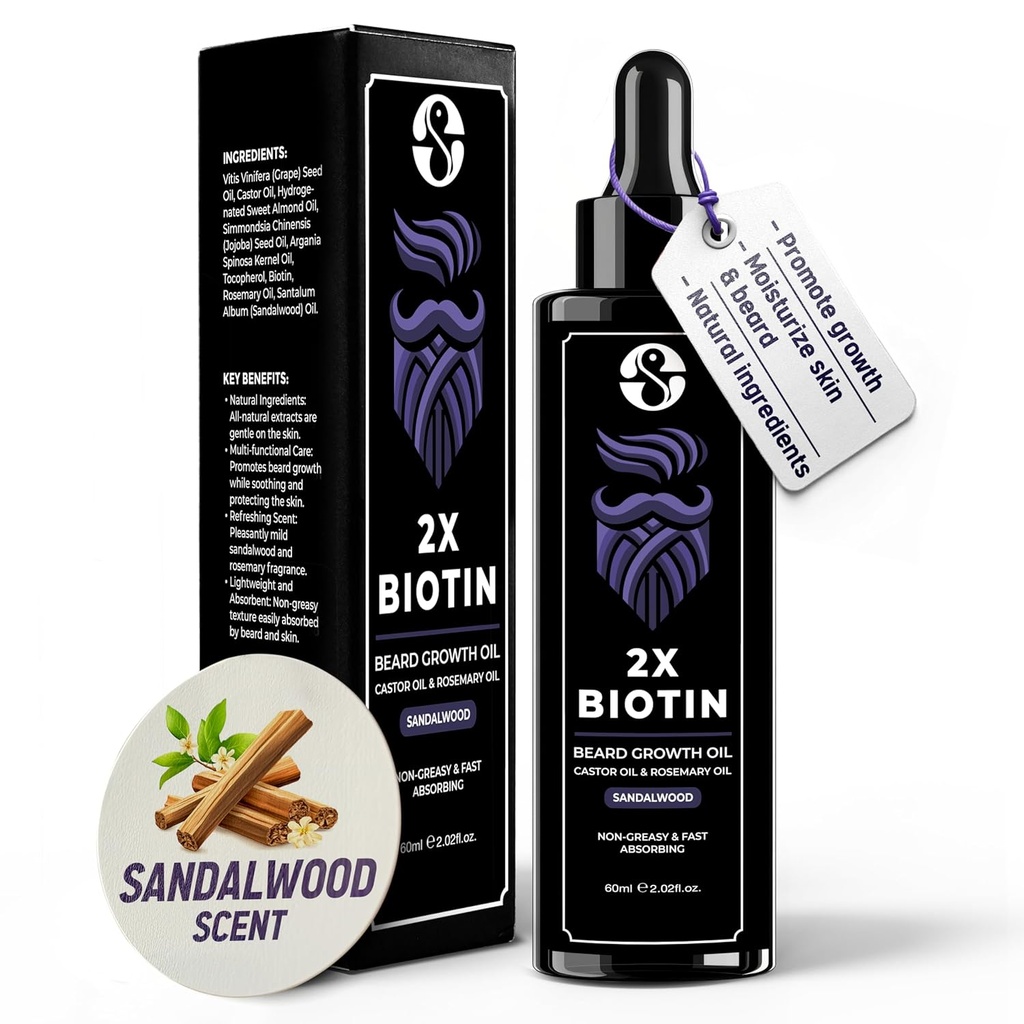 Biotin Concentration Beard Thischener & Softener - 2 oz cu ulei de Castor, ulei de rozmarin, și vitamine - Scent de lemn de santal pentru bărbați