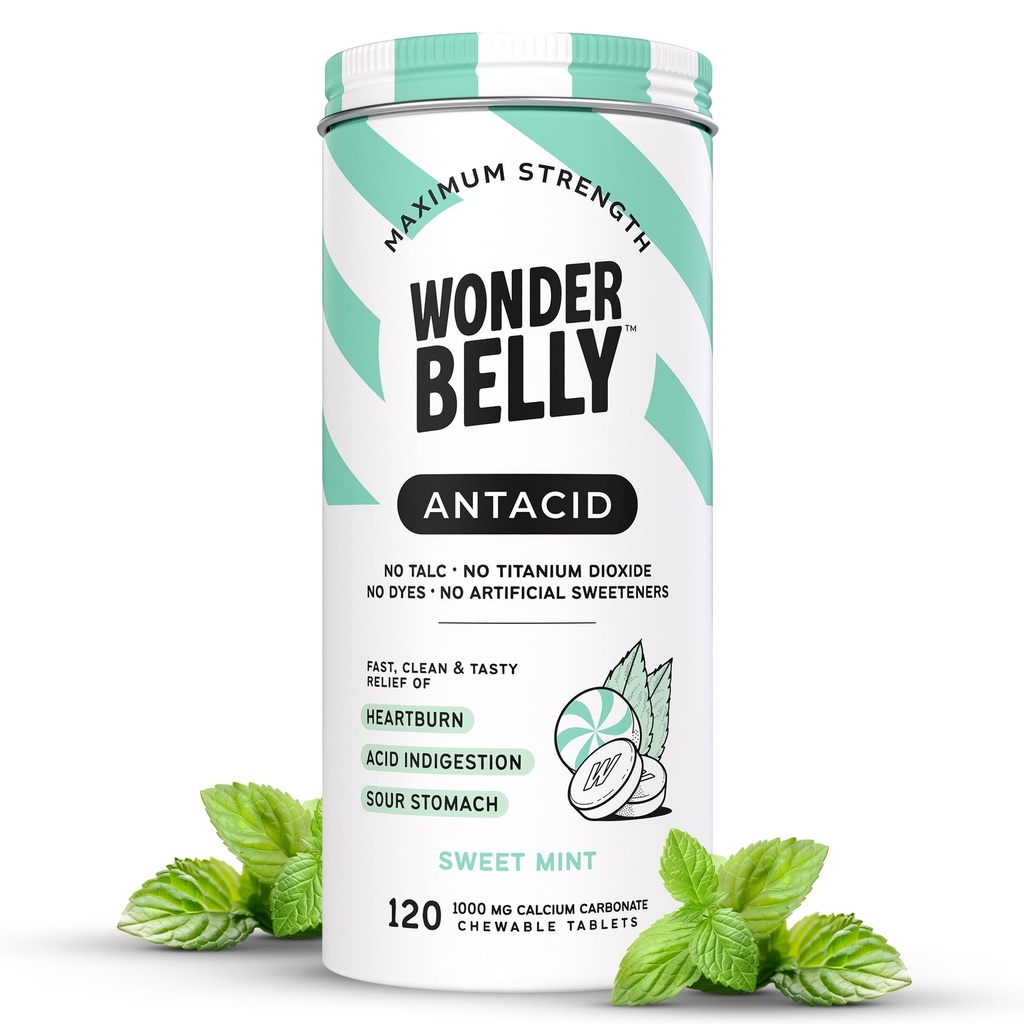 Wonderbelly Antiacide, Arsuri la stomac eficiente și acid instant Indigestie Relief, extra Putere Tablete masticabile, 1000 mg carbonat de calciu, nu Talc sau Dye, bomboane mentolate, 120 Count