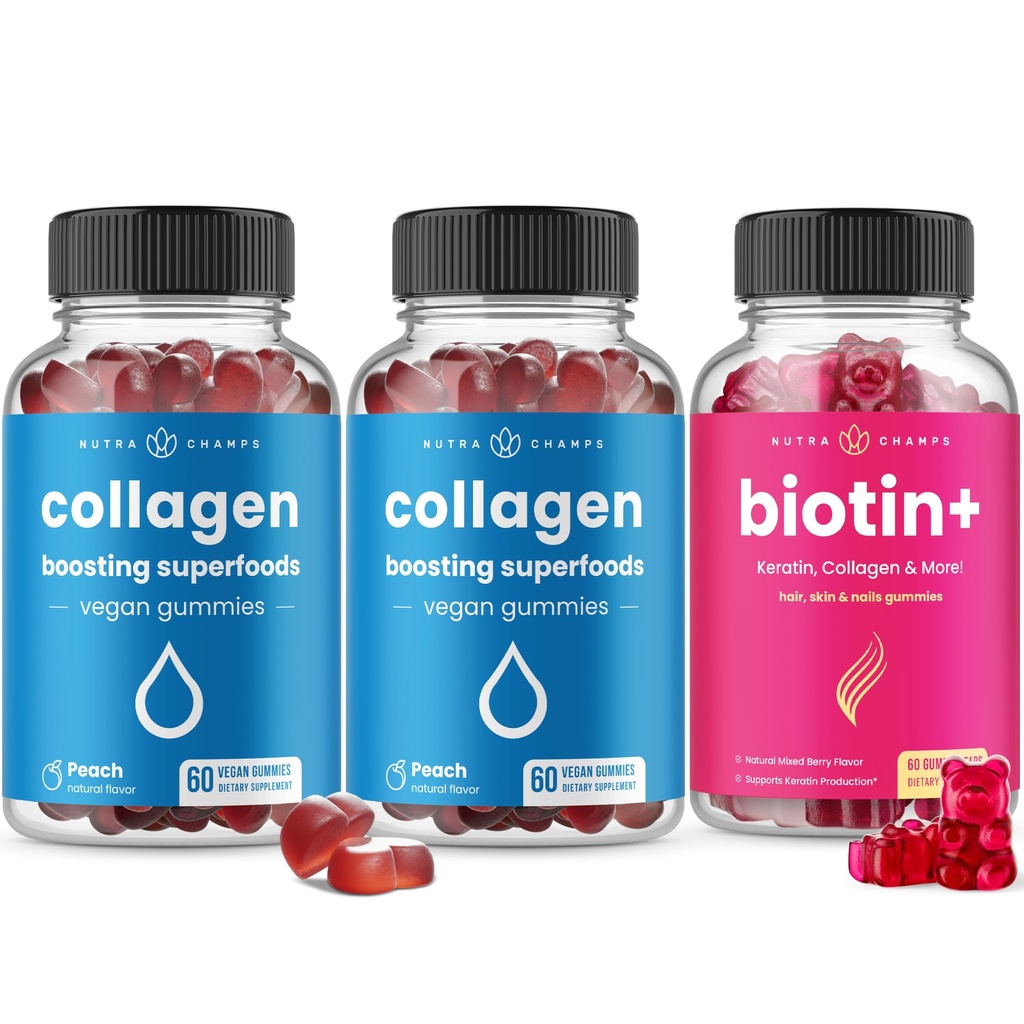 NutraChamps Păr complet, Piele şi unghii Bundle - Biotin, Colagen, Keratina & More