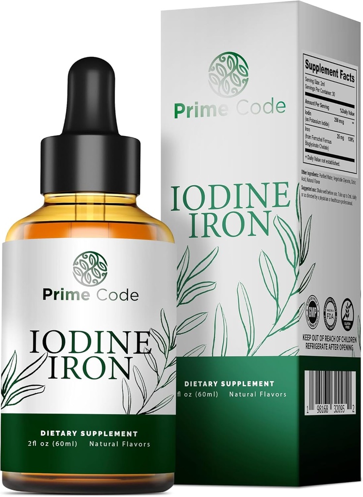 Prime Cod [ 2 la 1] Iod lichid Supliment cu fier - Iod supliment picături pentru tiroida 250mcg - Sprijină Sănătatea tiroidiană a pielii - Organic, Vegan, Non-GMO, Alcool și Gluten-Free
