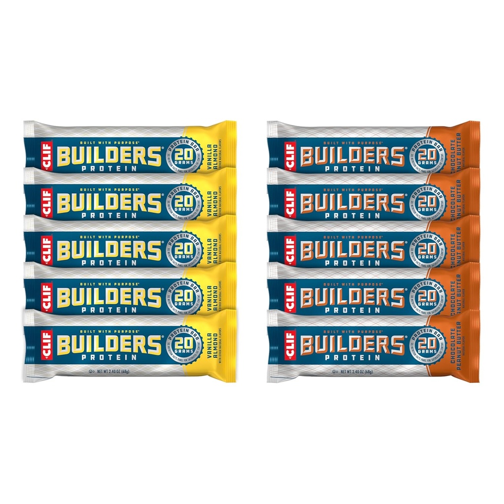 CLIF Builders - Unt de arahide de ciocolată și aroma de vanilie - Pachet de soiuri - Baruri de proteine pe bază de plante - Gluten gratuit - non-GMO - Glycemic scăzut - 20g Proteina - 2.4 oz. (10 Conte)