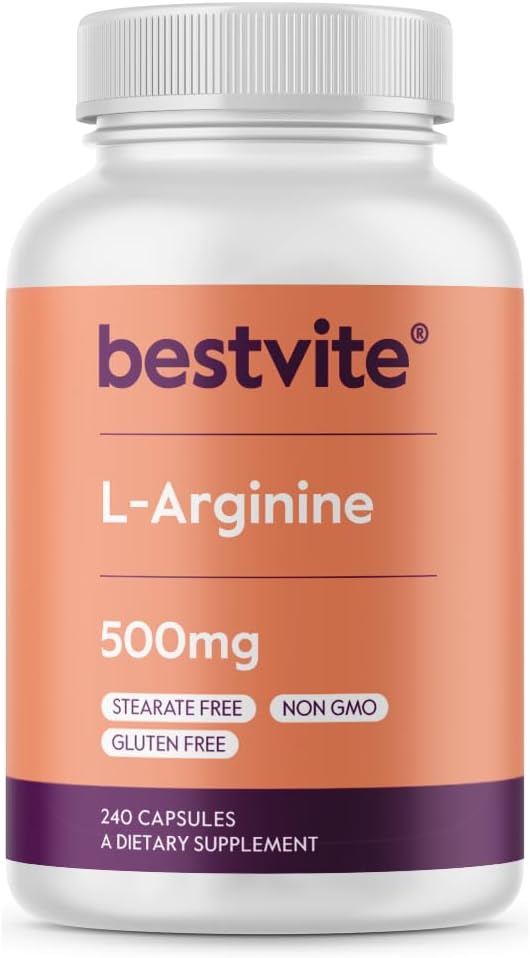 BESTVITE L-Arginină 500mg (240 capsule) - Fără Stearat de magneziu - Fără oxid de siliciu - Fără fillere - fără OMG-uri - fără gluten