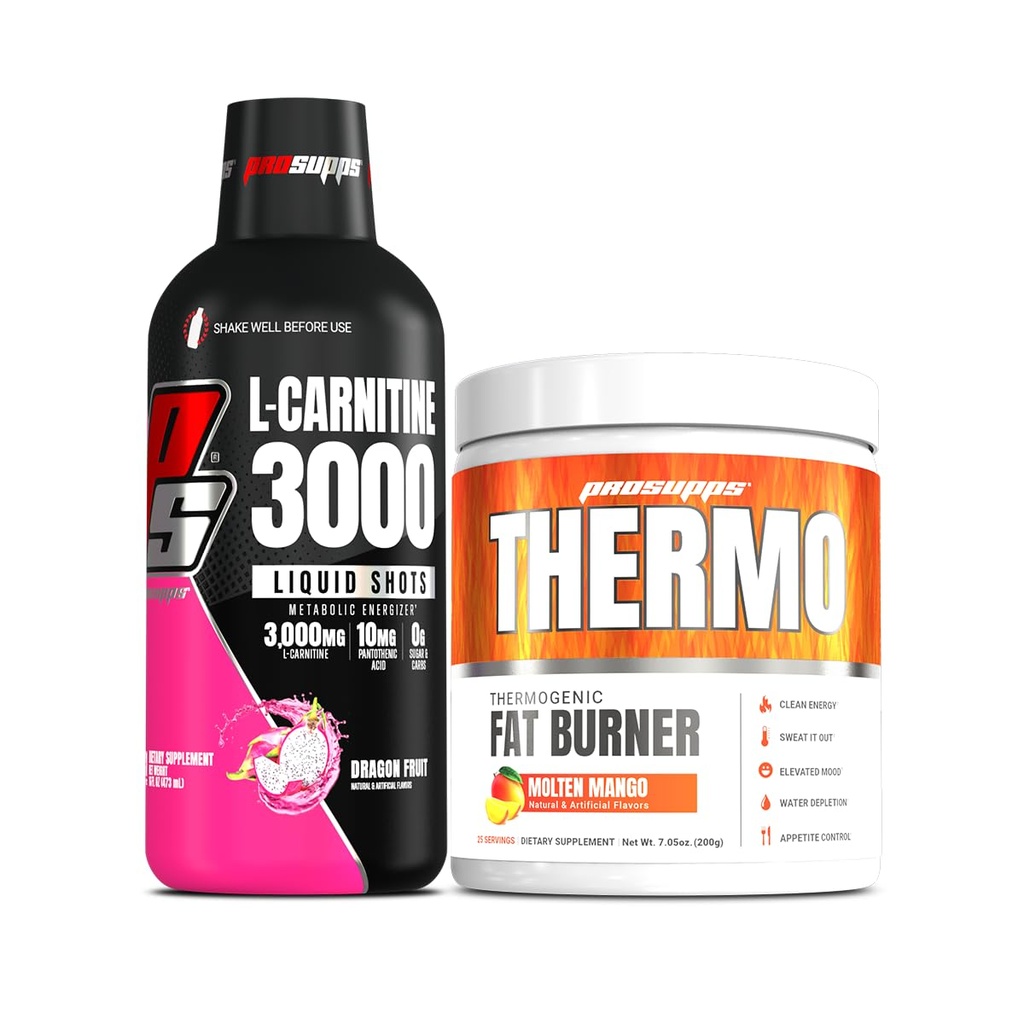 PROSUPPS L-Carnitina 3000 Stimulante Injecții cu lichid liber (31 Serviri, Fructe Dragon) și pulbere termogenică cu grăsime termoizolantă (25 Servings, Molten Mango) Bundle