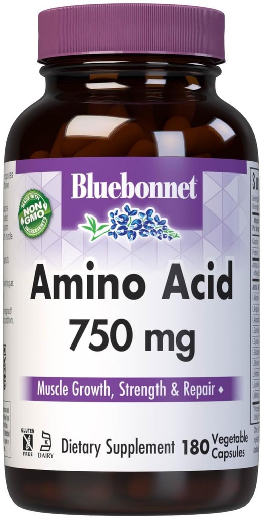 Bluebonnet Amino Acid 750 mg Vitamina capsule, alb, 180 Conte