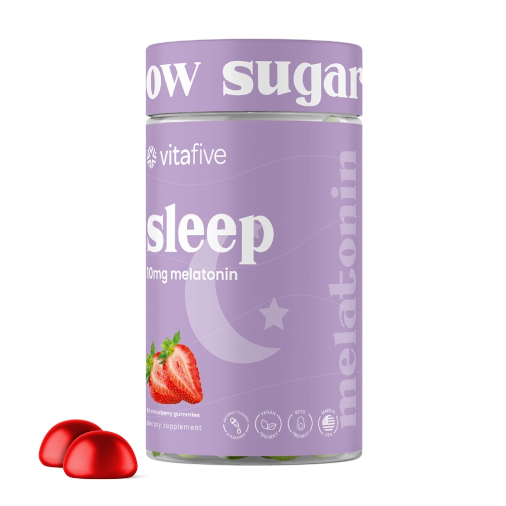 vitacinci gume melatonine cu concentraţie suplimentară, 10 mg Melatonină, Ajutor pentru somn pentru adulţi, Zahăr scăzut, Vegan, Supliment melatonină fără gluten (50 Ct)