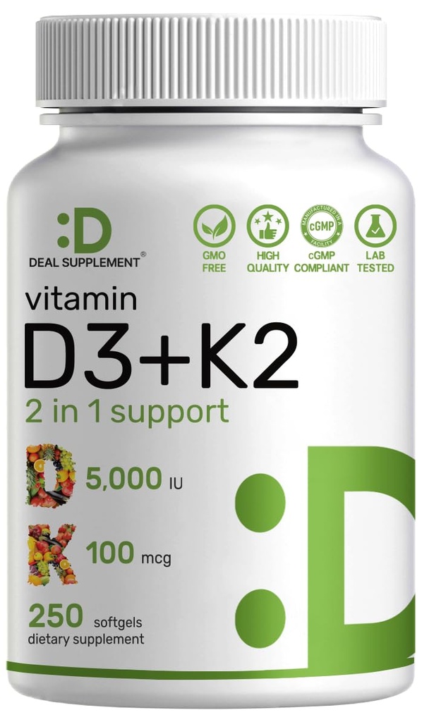 Suplement DEAL Vitamina D3 5000 UI + K2 MK7 Softgels, 250 Conte 
