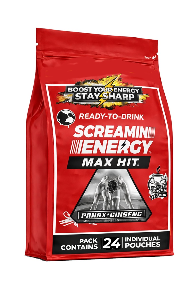 Screamin Energy Max Hit - Energie Shots Extra Putere cu Ginseng & Cafeina - 100% B-1, B-2, B-3, B-6, B-7 și B12 Cafea Mocha, 24 Conte