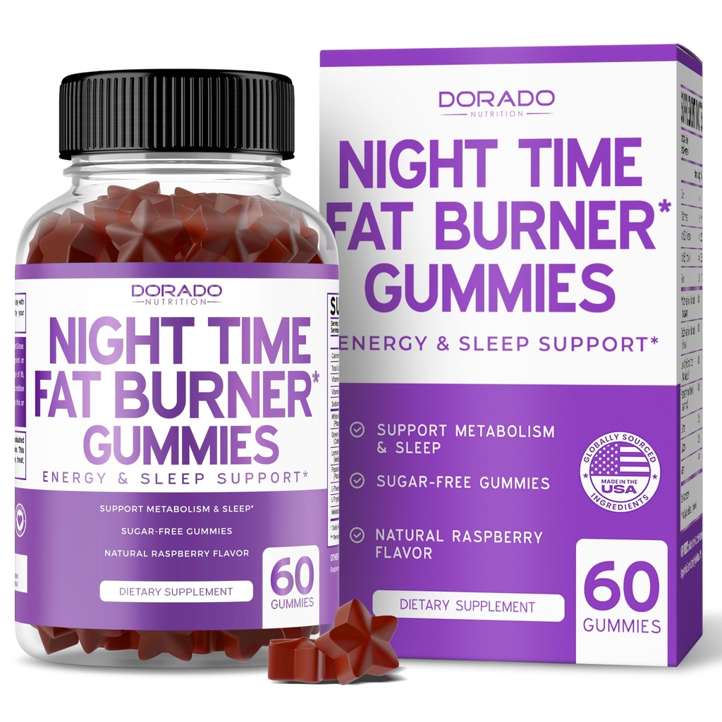 Night Time Gummies Fat Burner (60 Count) Pierdere în greutate și metabolism - Sugar-Free - Delicious Zmeură aroma Melatonina Supliment Gummies - Vegan Safe - Third Party Testat - Made in USA