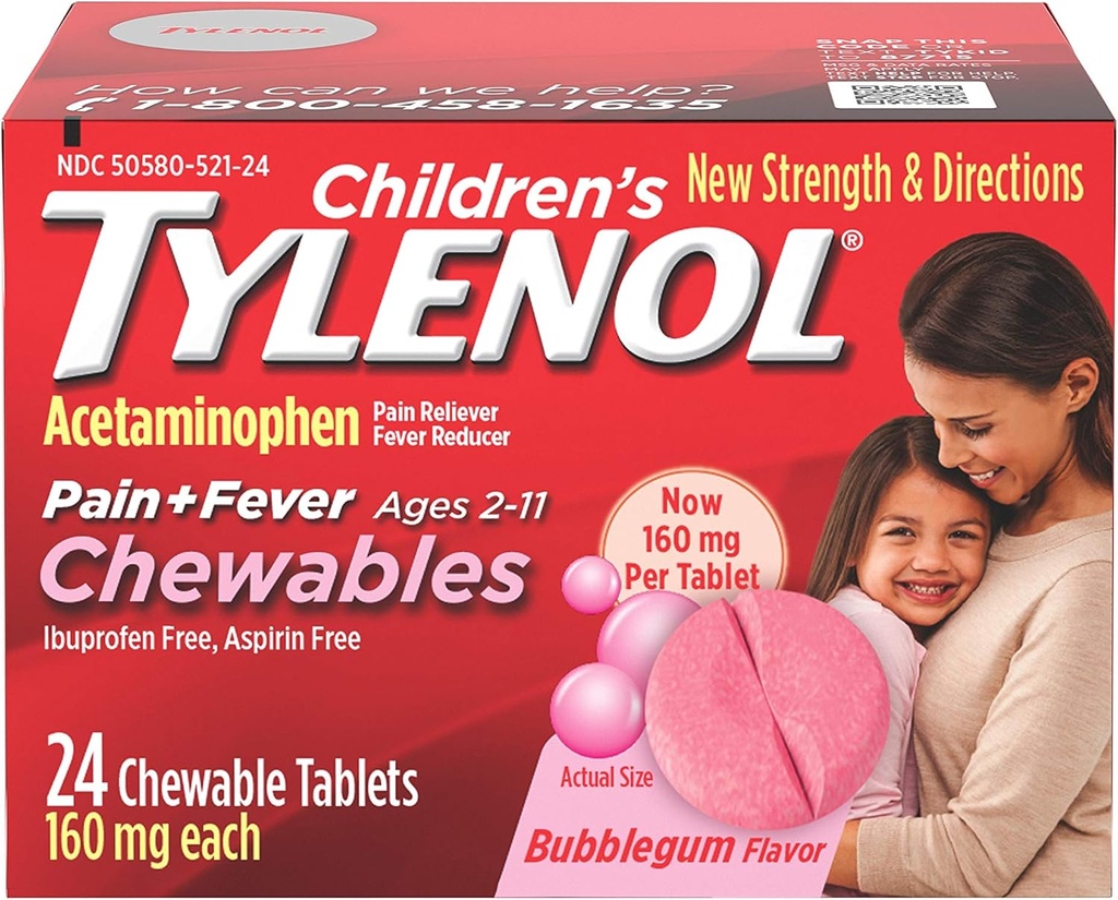 Masticuri Tylenol pentru copii, Acetaminofen pentru ameliorarea durerii şi febrei, Gumă de mestecat, 24
