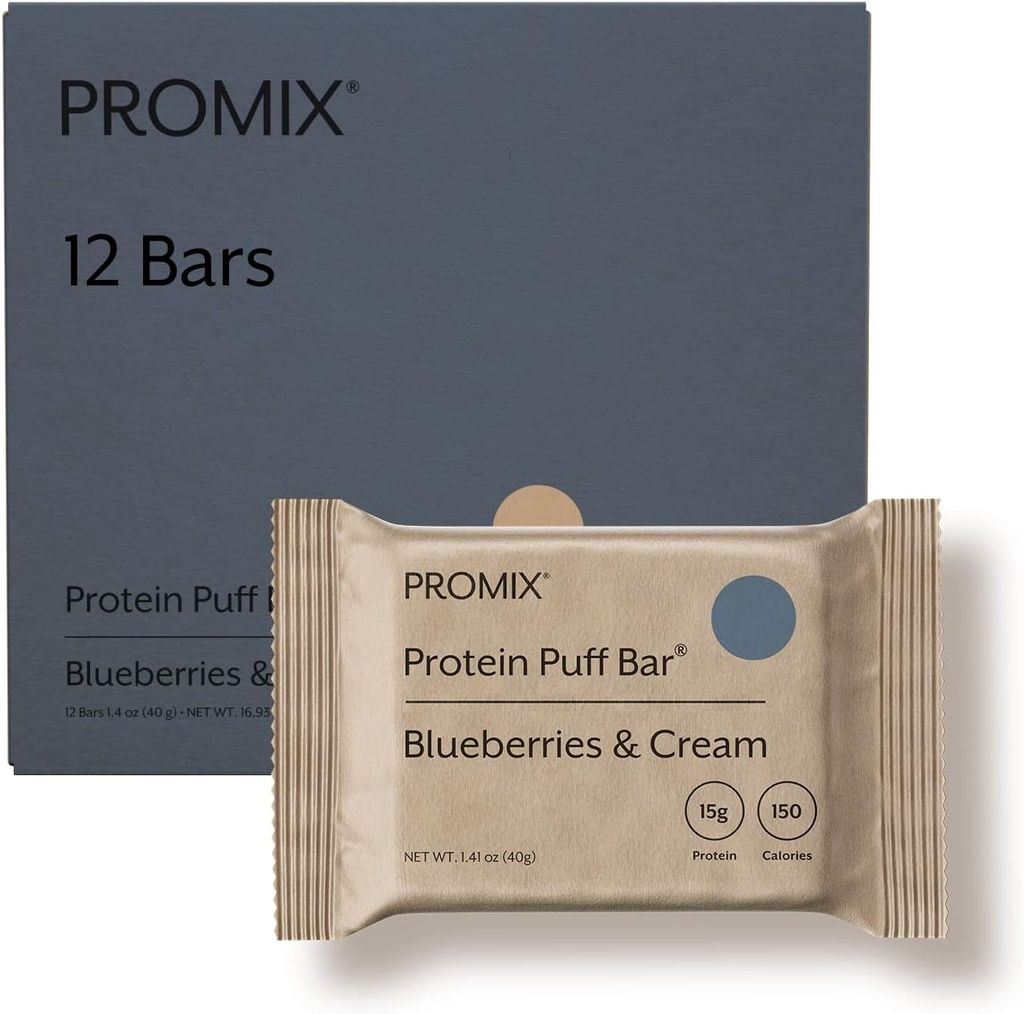 ProMix Nutritie Proteine Puff Baruri - Afine si Crema - Marshmallow Crispy Treat - Great Tasting & Healthy On The Go Snack - Proteine ridicate si calorii joase - Gratuit de gluten, soia, si porumb - 12 Baruri