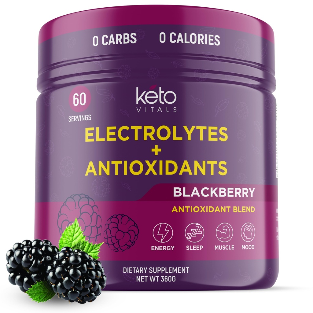 Keto Vitals Antioxidant Electrolits Pulbere - Blend Keto Electroliti cu Potasiu, Magneziu, Sodiu, & Calciu - Nu zahăr Electrolit Drink Mix & Hydration pulbere, 60 Servings, BlackBerry