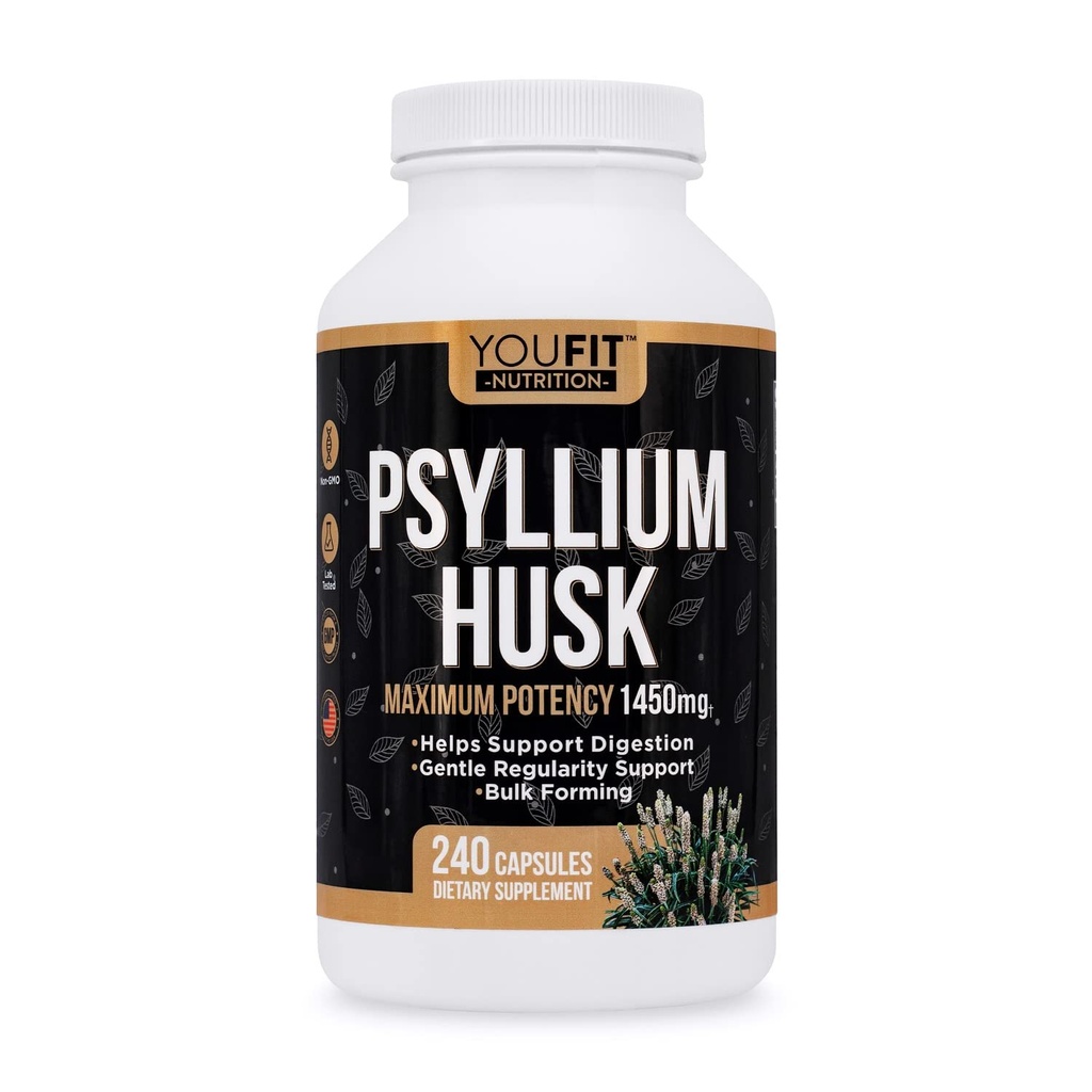 Capsule PSYLLIU Husk - Premium Psyllium Fiber Supplement - Promovează sănătatea intestinală și regularitatea - 100% Natural Soluble Fiber 1450mg Per Serving - 240 capsule