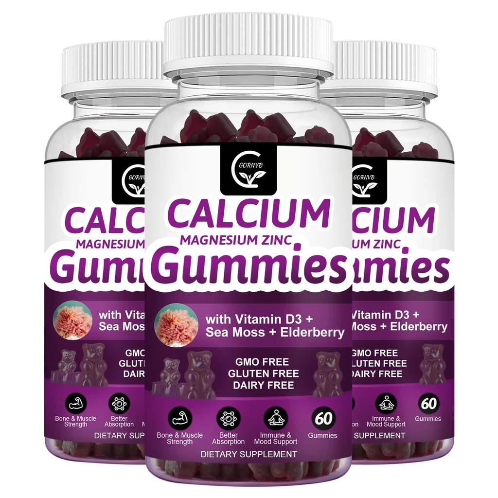 Gume de zinc de calciu Magneziu cu absorbţie mare Glicinat de magneziu Potasiu - Complex de plante de calciu Magneziu 2:1 Raport, cu D3 Sea Moss pentru oase, musculare, Immune & Sleep Support, Vegan-3 ambalaj