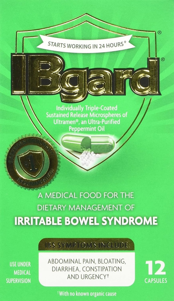 IBgard pentru sindromul intestinal iritabil (IBS) Relief gaz de balonare 12 capsule cutie mică 90mg ulei de mentă purificat Ultra bun pentru Timere