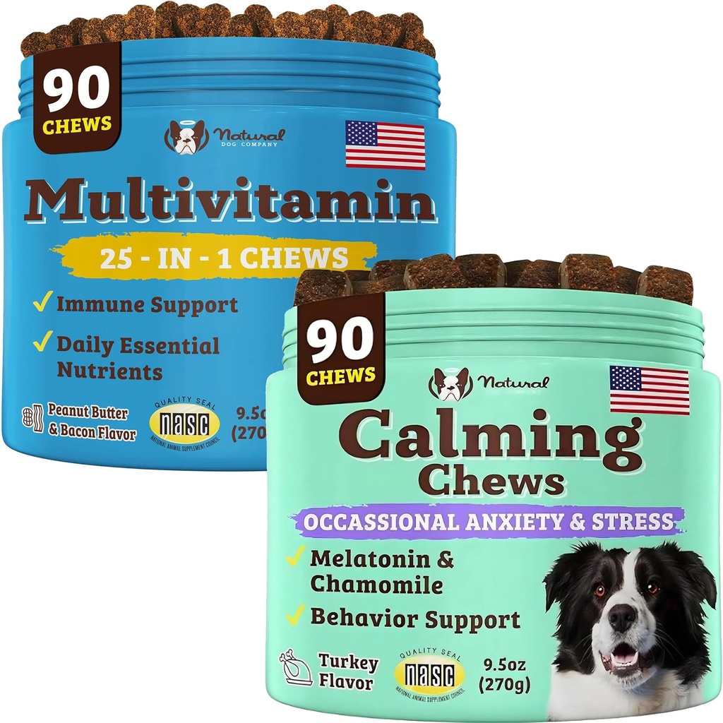 Natural Dog Company Multivitamine și calmant Supliment Bundle, Nutrients și Ajutor Anxios pentru Câini, Suport Sănătate Comună, Piele & Coat, Reduce Stresul din Zgomot & Călătorie, Vitamine esențiale