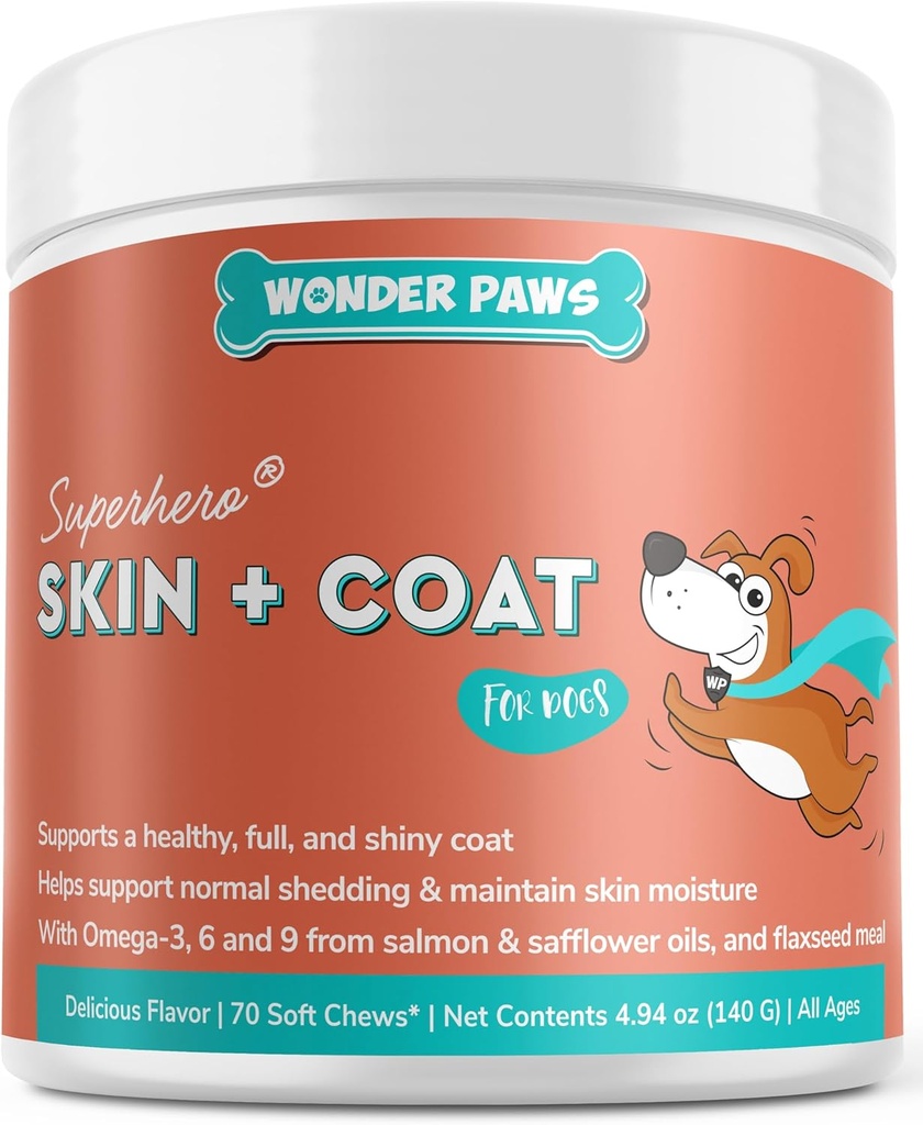 Wonder Paws Skin & Coat Supliment pentru câini cu ulei de somon, Omega 3 & 6, EPA & DHA, Promoveaza sanatoasa piele si haina, Itchy Relief, Joint si sanatate generala, Aroma delicioasa, 70 piele si haina Chews moale