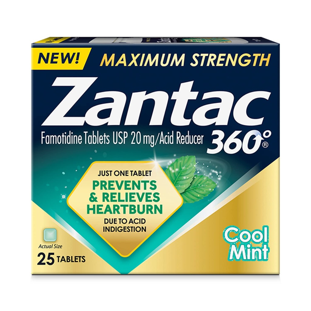 Zantac 360 Concentraţie maximă, mentă rece, 25 Număr, prevenirea şi ameliorarea arsurilor la stomac, 20 mg comprimate