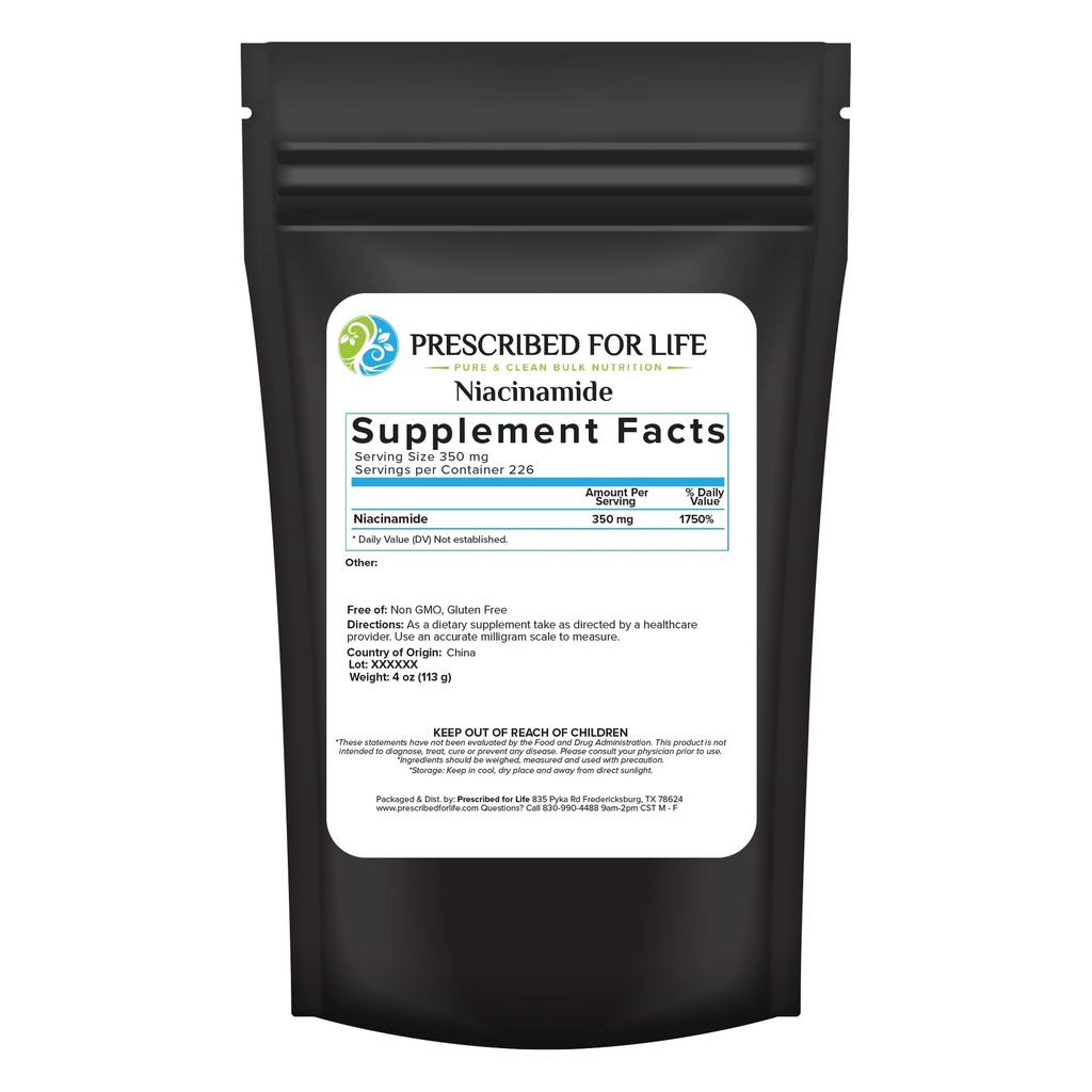 Prescribed For Life Niacinamidă pulbere (B-C), Fine Granular Grad vitamina B3 pulbere, Natural Nicotinamidă Supliment, Gluten gratuit, Non OMG, Vegan, Niacinamida Pura (4oz / 113g)