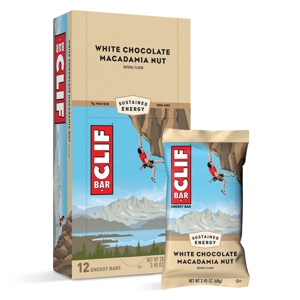 Clif Baruri - Bare de energie - Ciocolata alba Macadamia Nut Arova - Made with Organic Oats - Plant based Food - Vegetarian - Kosher (2,4 Once Proteine Bars, 12 Count) Package May Vary