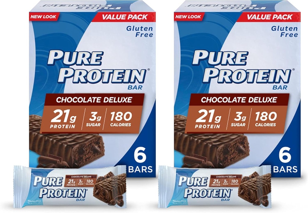 Baruri de proteine pure, proteine mari, gustări nutritive pentru a sprijini energia, zahăr scăzut, gluten gratuit, ciocolată Deluxe, 6 Conte (Pachet de 2)