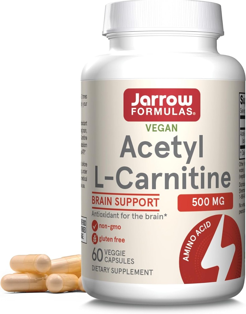 Jarrow Formulas Capsulele Acetil L-Carnitină - 500 mg - 60 Număr - Pentru sănătatea creierului și metabolismul acidului gras - Capsule vegetale - Ne-GMO - Gluten Free