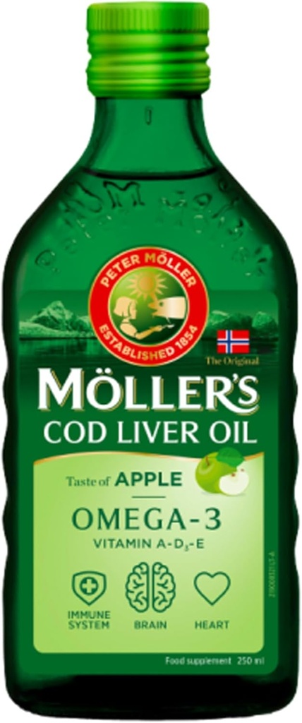 Ulei de pește de Moller norvegian Aromă naturală - Supliment alimentar, 8.45 fl oz (Lemon, mere, fructe, arome naturale) (250 ml, nearomatizate (naturale))