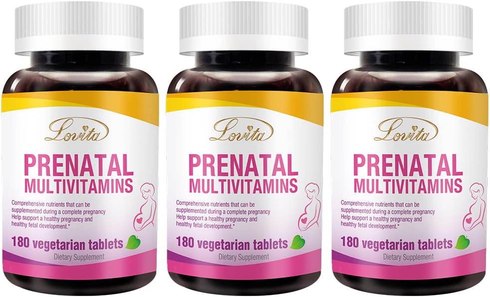 Vitamine prenatale Lovita cu fier 27 mg, Acid folic 800mcg & Calciu, Vitamine prenatale Vegane pentru femei în timpul și post-preganacy, Non-GOM, 180 Pastile prenatale vegetariane (Pachet de 3)