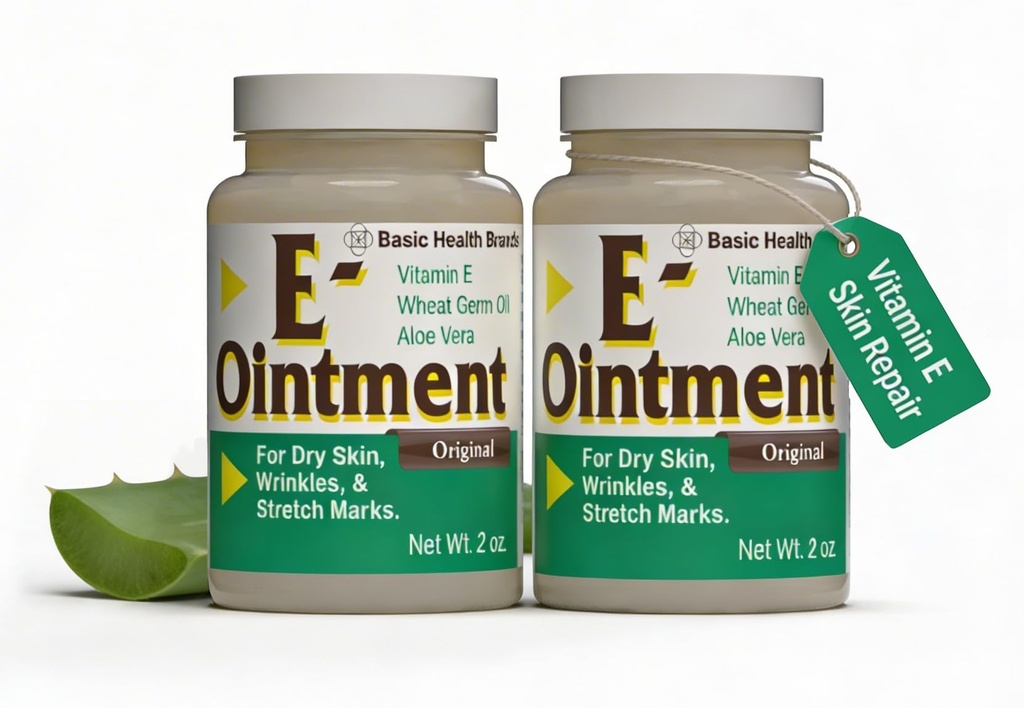Branduri de bază - vitamina E Ointment - 2 oz - Îmbunătăţirea umezelii - Poate ajuta la reducerea apariţiei de cicatrici, semne de întindere, linii fine şi riduri - 2-Pachet