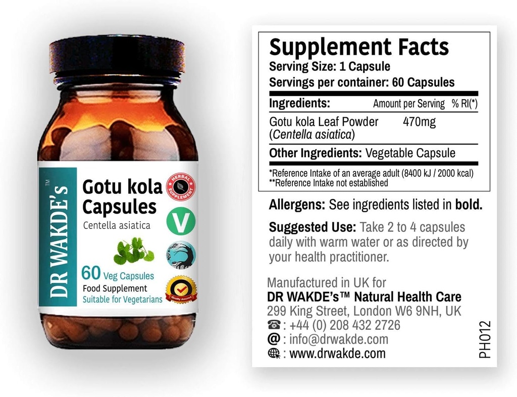 Capsulele Gotu kola (Mandukparni, Centella asciatia, 60 Veg Caps, Suplimentul pe bază de plante, Herb Ayurvedic, All Natural, Vegan)