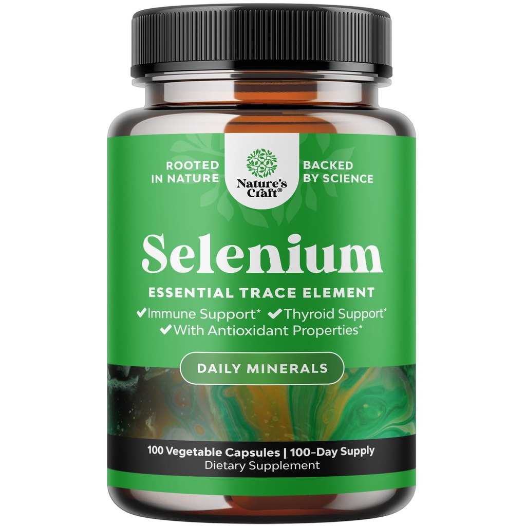 Capsule de seleniu 200mcg - supliment de seleniu de mare potenta pentru imunitate antioxidant si suport tiroidian Essential Trace Mineral - Vegan non-GMO Gluten Free & Made in The SUA - 100 Conte