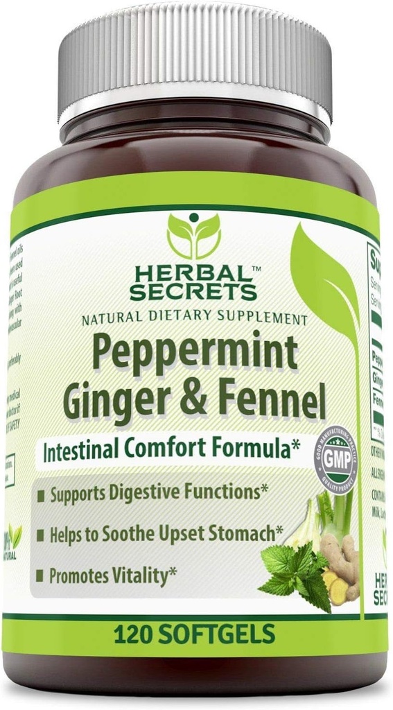 Secrete vegetale Peppermint Ginger & Fennel 120 Softgels (Non-GMO) - Suportă funcții digestive* - Promovează Vitality*- Ajuta la Sooth Uset Stomac*