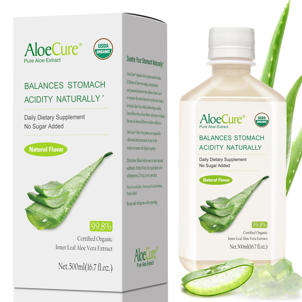 AloeCure USDA Organic Aloe Vera Juice Made Within 12 Hrs of Harvest - Pure Aloe Juice Natural Digestive Supplement to Support Digestion, Immune System and Balanced Stomac Acidity, 500ml Bottle