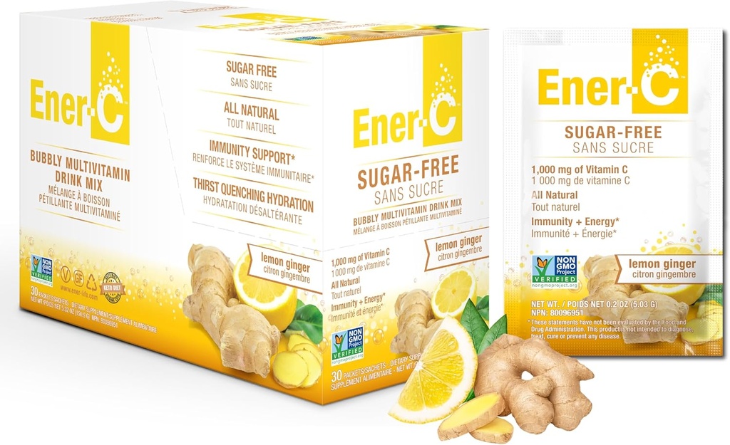 Ener-C Sugar Free Lemon Ginger Multivitamine Drink Mix, 1000mg Vitamina C, Non-GMO, Vegan, Real Fruit Juice Powders, Natural Imunity Support, Electroliti, Gluten Free, 1-Pachet de 30