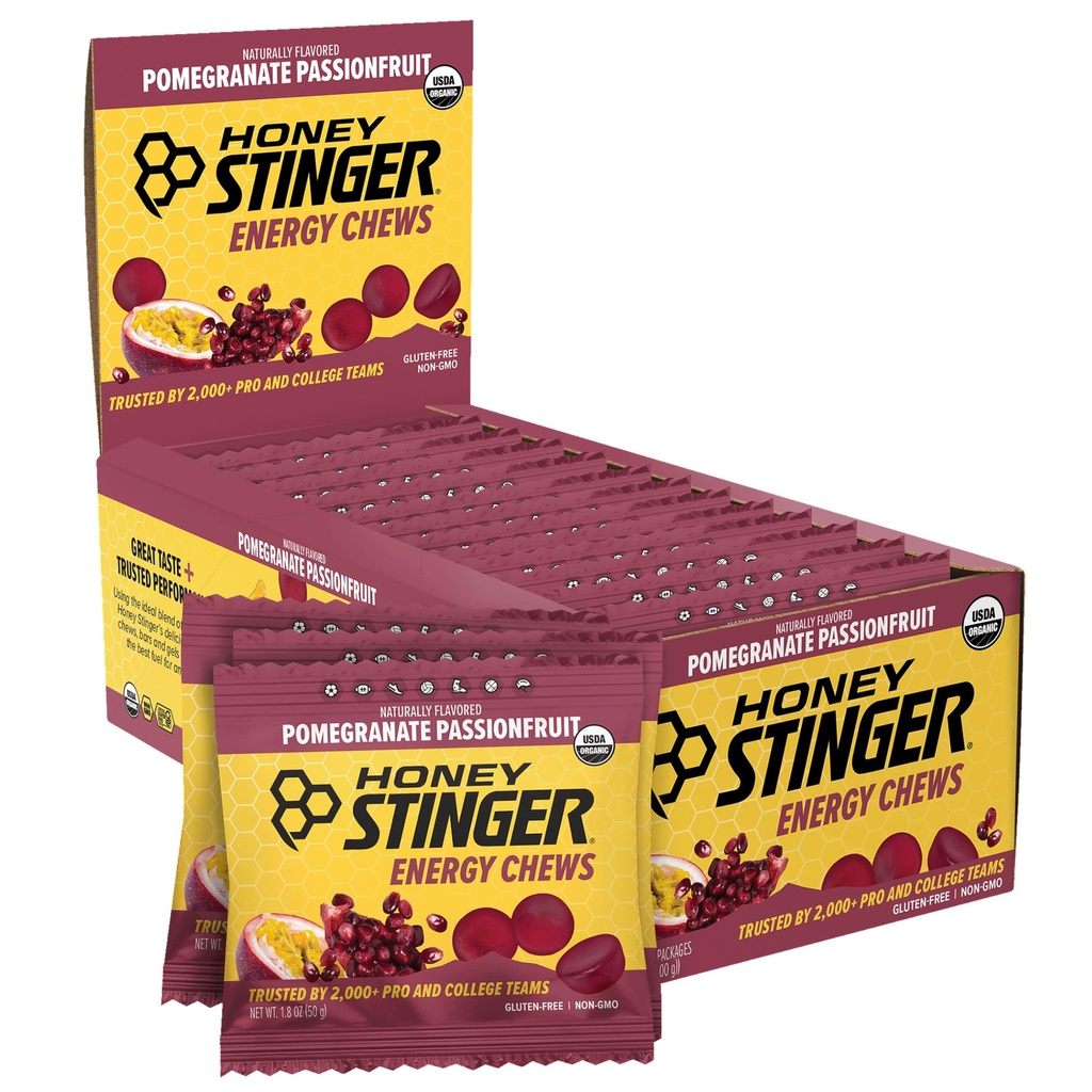 Honey Stinger Organic Pomegranate Fructul pasiunii Energie Chew, Gluten Free & Cafeina gratuit, pentru exercitii fizice, rulare si performanta, Sport nutritie pentru Home & Gym, Pre si mijlocul antrenamentului, 12 Pack