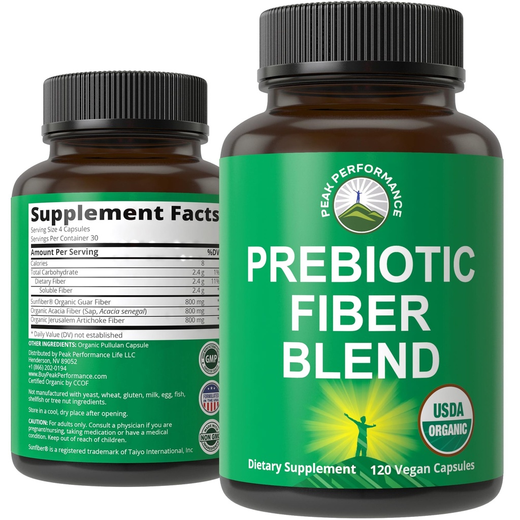 USDA Organic 3-in-1 Fibră prebiotică - Capsule Vegan pentru Gut, Digestive Health. Prebiotice pe bază de plante alimentare brute pastile Supliment cu Inulin (Jerusalem Anghinare), Acacia Fibers, SunFiber