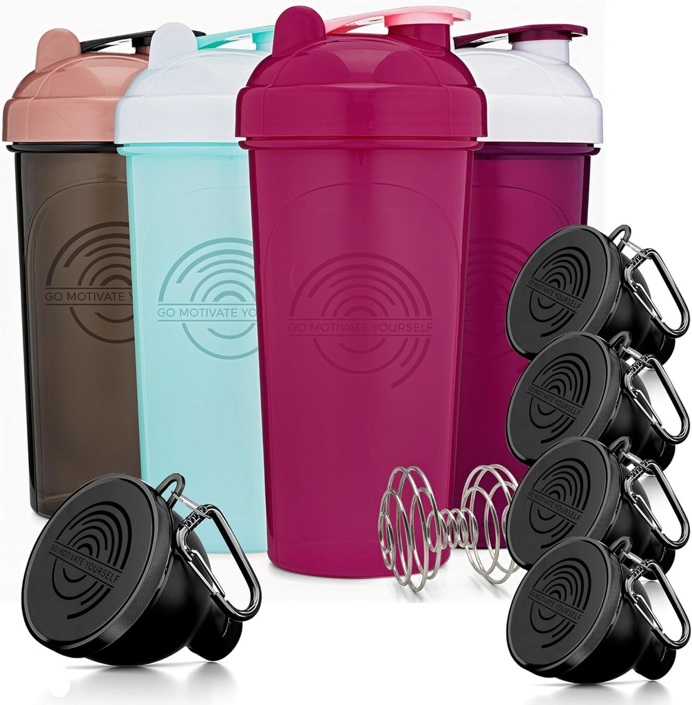 GOMOYO Fitness Bundle - 4 Pack Shaker Sticle cu Agitator + 5-Pack Proteine Funnels cu Carabiner, BPA-Free & Dishwaster Safe