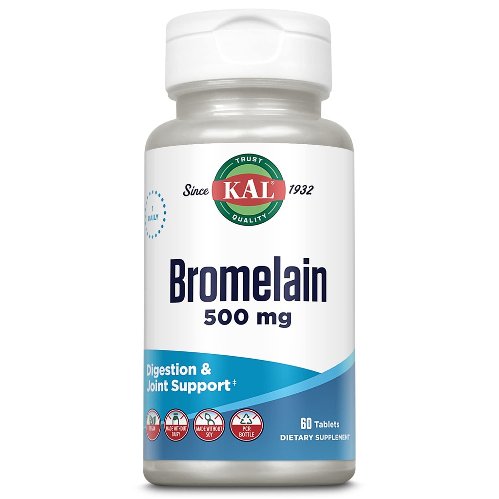 KAL Bromelain 500 mg, Digestion and Joint Supplement, Digestive Enzimes, Ananas Extract, Rapid Disintegration, Vegan, Made Without Dairy or Soy, Lab Verified, 60 Servings, 60 Tablets