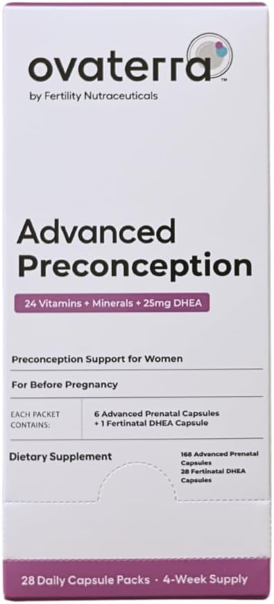 Ovaterra Vitamine avansate de preconcepţie pentru femeile cu DHEA 25mg, Choline 550 mg, Folat (metilfolat) 1,010 mcg, Omega-3 DHA & EPA 196 Capsule - 28 zile de aprovizionare