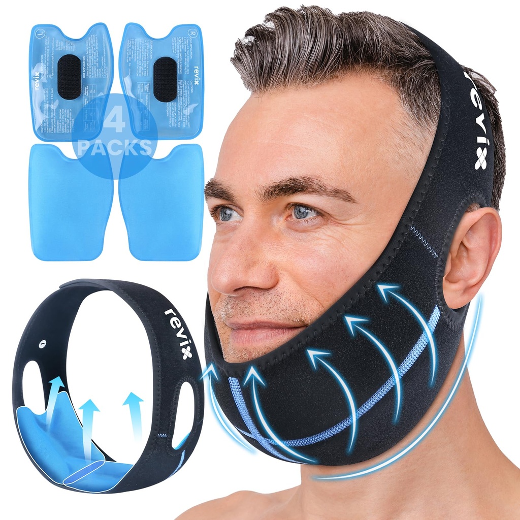 REVIX Wisdom Dinți dinți de gheata Pack cap Wrap cu 3D de cusut Ice Pack pentru Chirurgie facială Durere de relief pentru TMJ, Extracția dinților și a dinților eliminate, Extra Snug Fit cu 4 pachete de gel rece fierbinte reutilizabil, negru