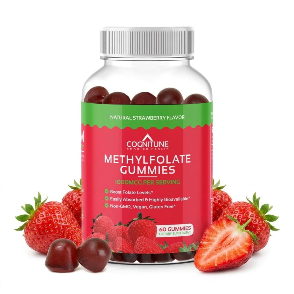 CogniTune Methylfolate Gummies - Ușor de a lua L-metilfolat de înaltă potențial, supliment Folate pentru creier, Heart Health & Imunity, Delicious Strawberry Flavor, Non-GMO, Vegan, Gluten-Free