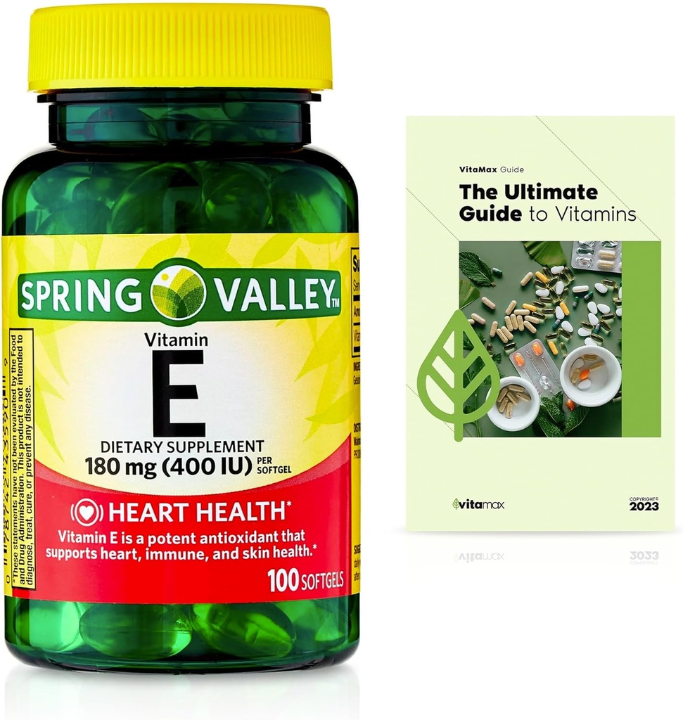 Spring Valley Vitamina E Heart Health Supliment alimentar Softgels, 180 mg (400 UI), 100 Conte + Exclusiv VitaMax Vitamina Guide (2 elemente)