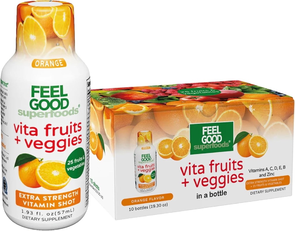 Simțiți-vă bine Superfoods Vita fructe și legume Suport imun Suplimente Shot, Aroma portocalie, Pachet de 10 Shoturi de imunitate, Sistem imunitar Booster băutură făcută cu 25 de fructe și legume organice