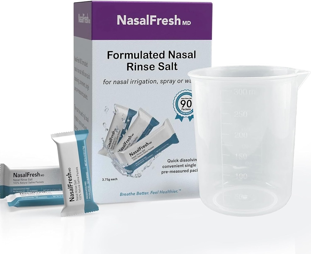 NASALFRESH MD - Pachete saline - Dizolvare rapidă - utilizare unică - Irigare pre-măsurată - Irigare nazală - Înfăşurată individual (3.75g/1.3oz) - 90 Pachete refill - 300mm Cupa