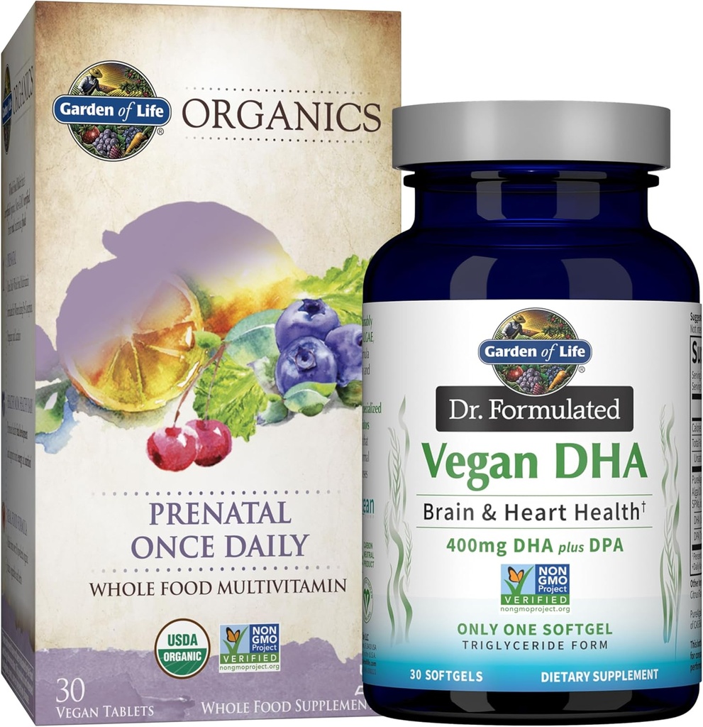 Grădină de viață O dată pe zi Vegan DHA + Prenatal Multi Bundle: Dr Formulat Vegan DHA 30 Softgels + Organics Prenatal O dată pe zi Multivitamine cu Folate pentru femei .