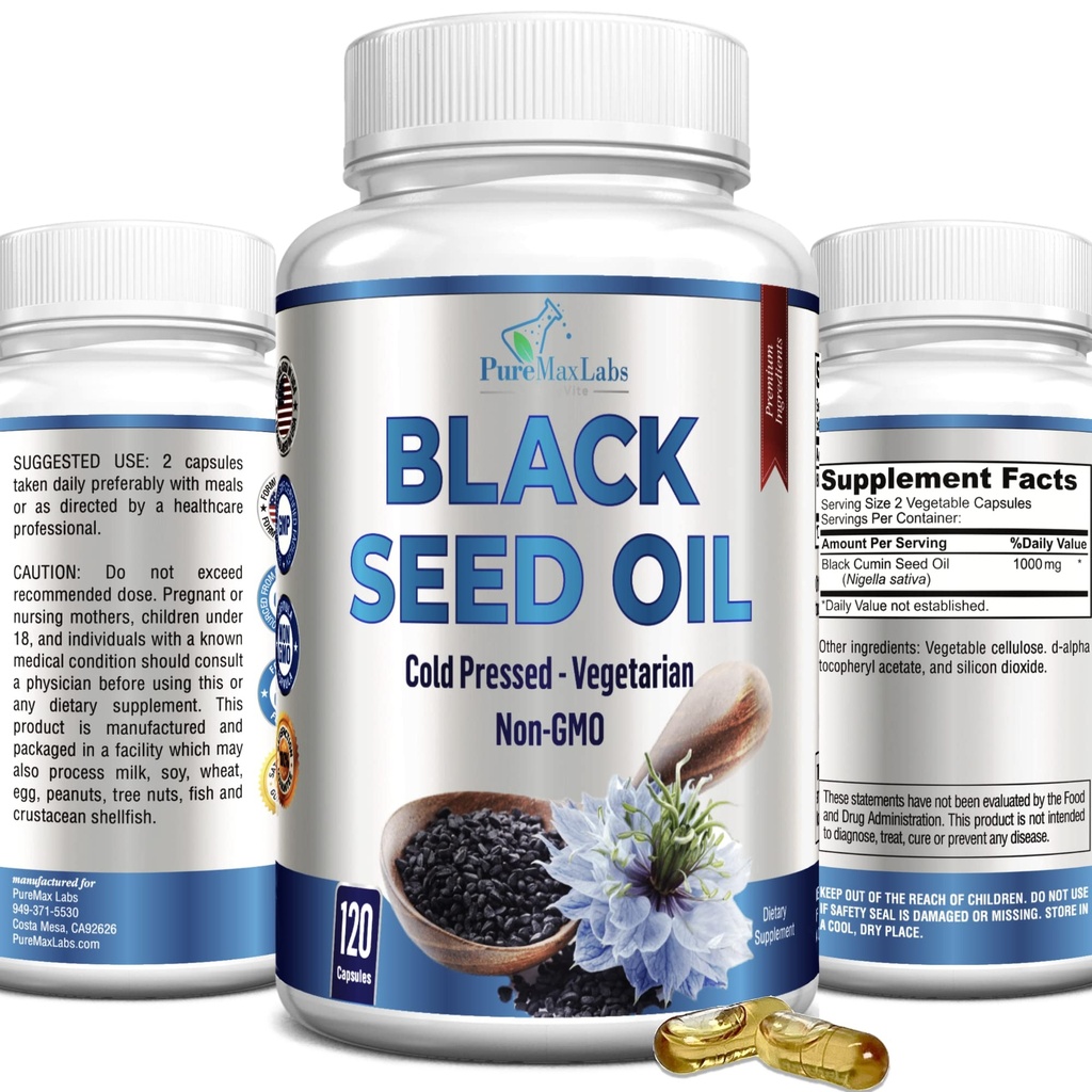 Ulei de semințe negru presat la rece - 120 capsule, Premium Nigella Sativa negru pur chimen ulei de semințe cu vitamina E, pentru păr, piele și sănătate imună - non-GMO 120 capsule
